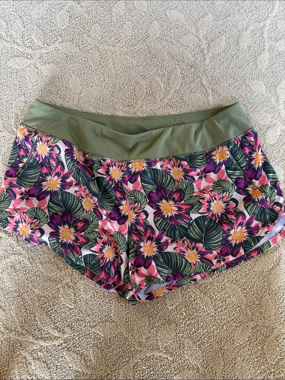 Floral Active Swim Shorts with Olive Waistband